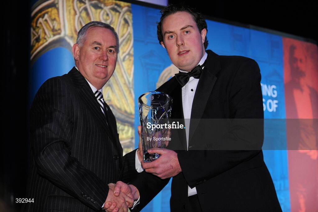 19 December 2009; Niall Hackett, Meath, is presented with his Nicky Rackard Award by Uachtarán CLG Criostóir Ó Cuana. Christy Ring/Nicky Rackard/Lory Meagher Champion 15 & Rounder All-Star Awards 2009, Croke Park, Dublin. Photo by Sportsfile
