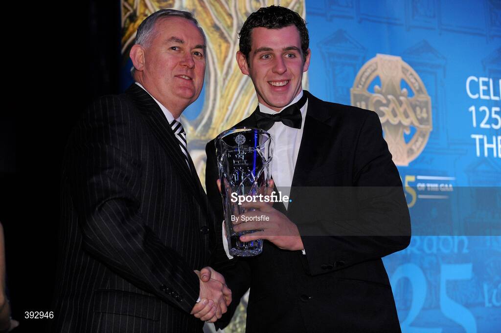 19 December 2009; David Kirby, Meath, is presented with his Nicky Rackard Award by Uachtarán CLG Criostóir Ó Cuana. Christy Ring/Nicky Rackard/Lory Meagher Champion 15 & Rounder All-Star Awards 2009, Croke Park, Dublin. Photo by Sportsfile