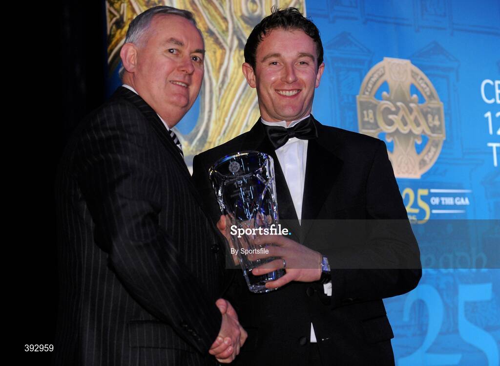 19 December 2009; Eamonn Phelan, London, is presented with his Nicky Rackard Award by Uachtarán CLG Criostóir Ó Cuana. Christy Ring/Nicky Rackard/Lory Meagher Champion 15 & Rounder All-Star Awards 2009, Croke Park, Dublin. Photo by Sportsfile