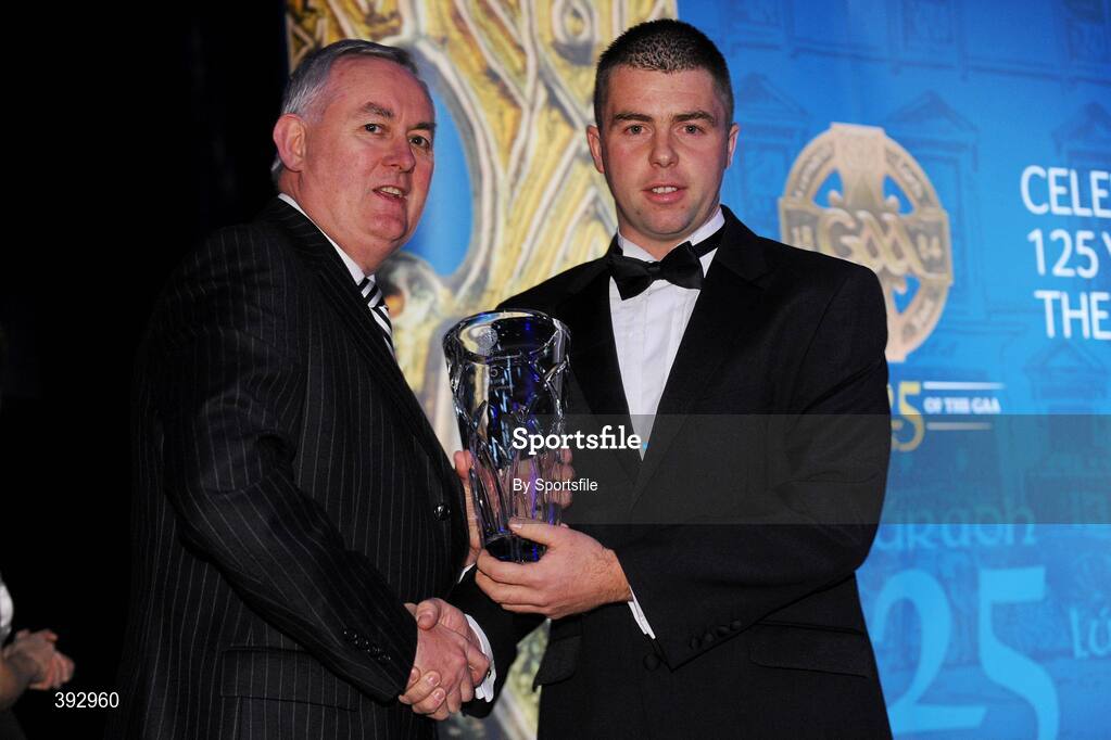 19 December 2009; Paul McCormack, Armagh, is presented with his Nicky Rackard Award by Uachtarán CLG Criostóir Ó Cuana. Christy Ring/Nicky Rackard/Lory Meagher Champion 15 & Rounder All-Star Awards 2009, Croke Park, Dublin. Photo by Sportsfile