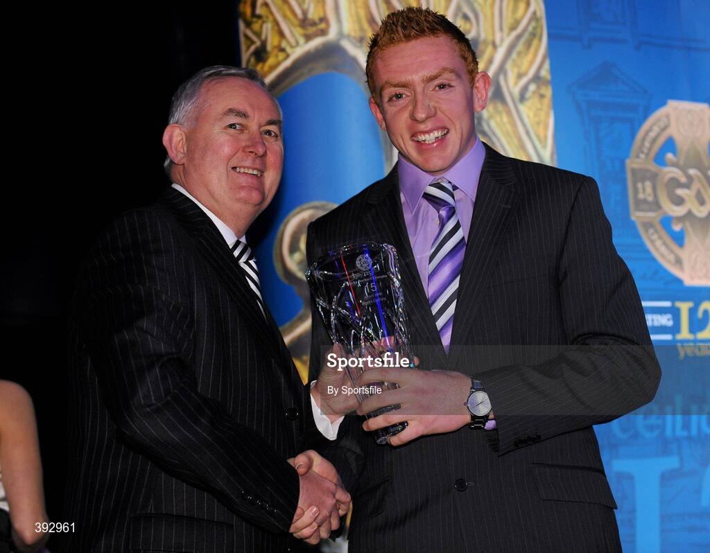 19 December 2009; Ryan Gaffney, Armagh, is presented with his Nicky Rackard Award by Uachtarán CLG Criostóir Ó Cuana. Christy Ring/Nicky Rackard/Lory Meagher Champion 15 & Rounder All-Star Awards 2009, Croke Park, Dublin. Photo by Sportsfile