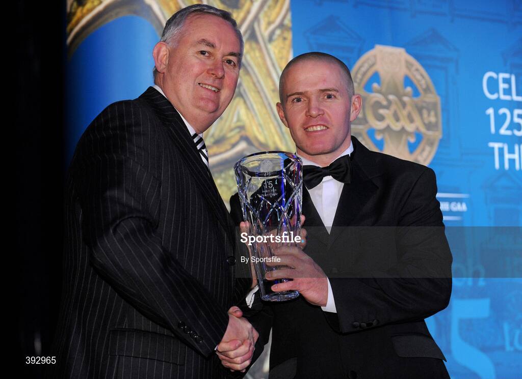 19 December 2009; Peter Coyle, Fingal, is presented with his Nicky Rackard Award by Uachtarán CLG Criostóir Ó Cuana. Christy Ring/Nicky Rackard/Lory Meagher Champion 15 & Rounder All-Star Awards 2009, Croke Park, Dublin. Photo by Sportsfile