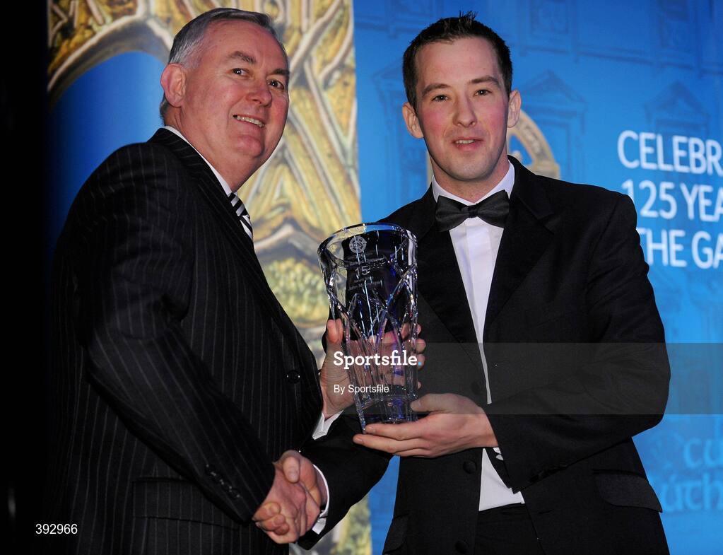 19 December 2009; John McAnespie, Monaghan, is presented with his Nicky Rackard Award by Uachtarán CLG Criostóir Ó Cuana. Christy Ring/Nicky Rackard/Lory Meagher Champion 15 & Rounder All-Star Awards 2009, Croke Park, Dublin. Photo by Sportsfile