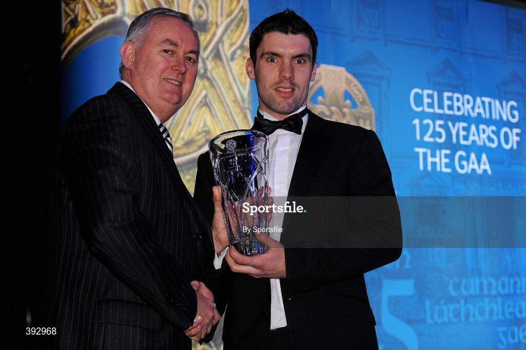 19 December 2009; Ronan Byrne, Louth, is presented with his Nicky Rackard Award by Uachtarán CLG Criostóir Ó Cuana. Christy Ring/Nicky Rackard/Lory Meagher Champion 15 & Rounder All-Star Awards 2009, Croke Park, Dublin. Photo by Sportsfile