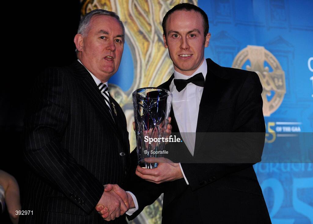 19 December 2009; Peter O'Connor, Tyrone, is presented with his Lory Meagher Champion 15 Award by Uachtarán CLG Criostóir Ó Cuana. Christy Ring/Nicky Rackard/Lory Meagher Champion 15 & Rounder All-Star Awards 2009, Croke Park, Dublin. Photo by Sportsfile