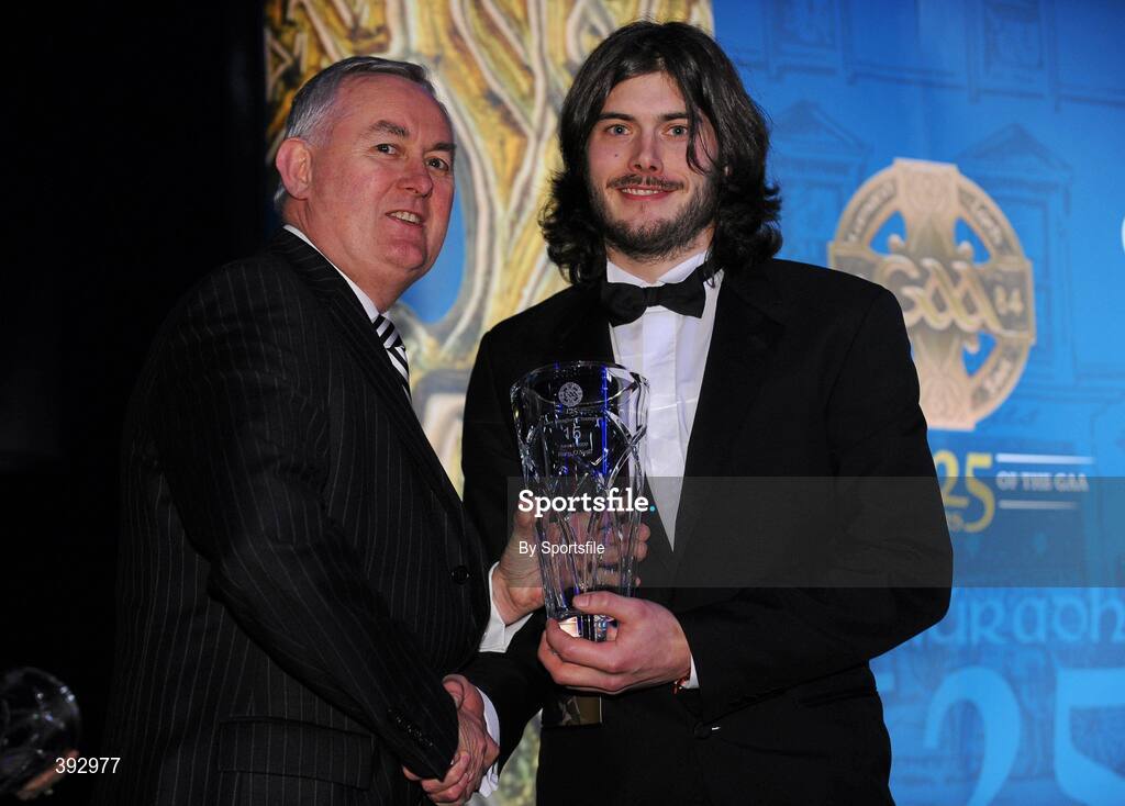 19 December 2009; Rory O'Neill, Tyrone, is presented with his Lory Meagher Champion 15 Award by Uachtarán CLG Criostóir Ó Cuana. Christy Ring/Nicky Rackard/Lory Meagher Champion 15 & Rounder All-Star Awards 2009, Croke Park, Dublin. Photo by Sportsfile
