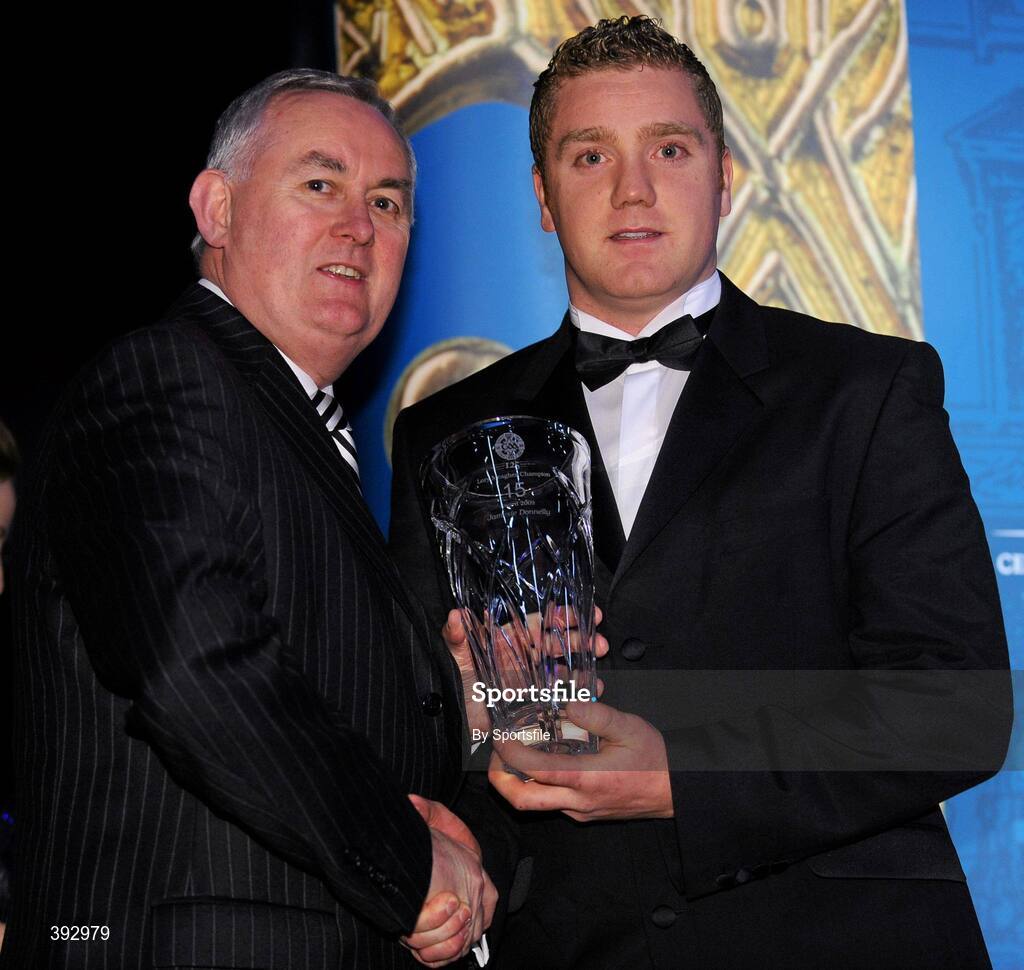 19 December 2009; Jamsie Donnelly, Donegal, is presented with his Lory Meagher Champion 15 Award by Uachtarán CLG Criostóir Ó Cuana. Christy Ring/Nicky Rackard/Lory Meagher Champion 15 & Rounder All-Star Awards 2009, Croke Park, Dublin. Photo by Sportsfile