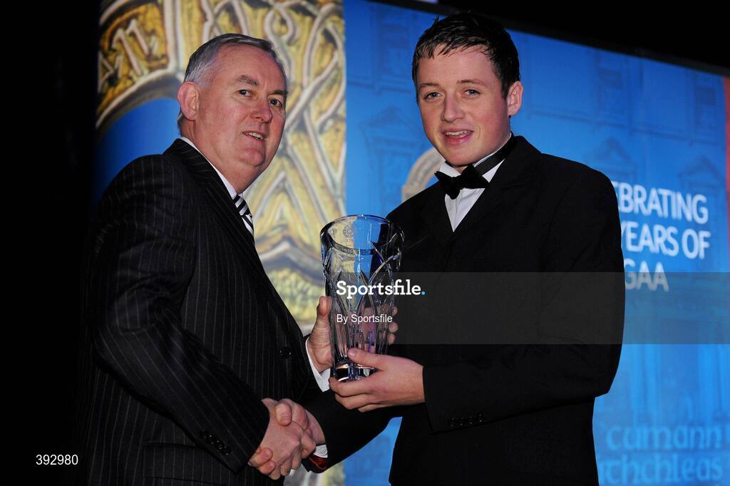 19 December 2009; Danny Cullen, Donegal, is presented with his Lory Meagher Champion 15 Award by Uachtarán CLG Criostóir Ó Cuana. Christy Ring/Nicky Rackard/Lory Meagher Champion 15 & Rounder All-Star Awards 2009, Croke Park, Dublin. Photo by Sportsfile