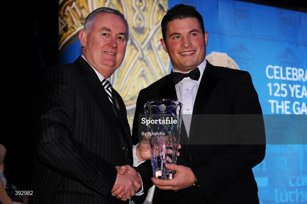 19 December 2009; Robert Ryland, Longford, is presented with his Lory Meagher Champion 15 Award by Uachtarán CLG Criostóir Ó Cuana. Christy Ring/Nicky Rackard/Lory Meagher Champion 15 & Rounder All-Star Awards 2009, Croke Park, Dublin. Photo by Sportsfile