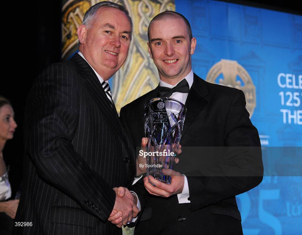 19 December 2009; Damien Kearns, South Down, is presented with his Lory Meagher Champion 15 Award by Uachtarán CLG Criostóir Ó Cuana. Christy Ring/Nicky Rackard/Lory Meagher Champion 15 & Rounder All-Star Awards 2009, Croke Park, Dublin. Photo by Sportsfile