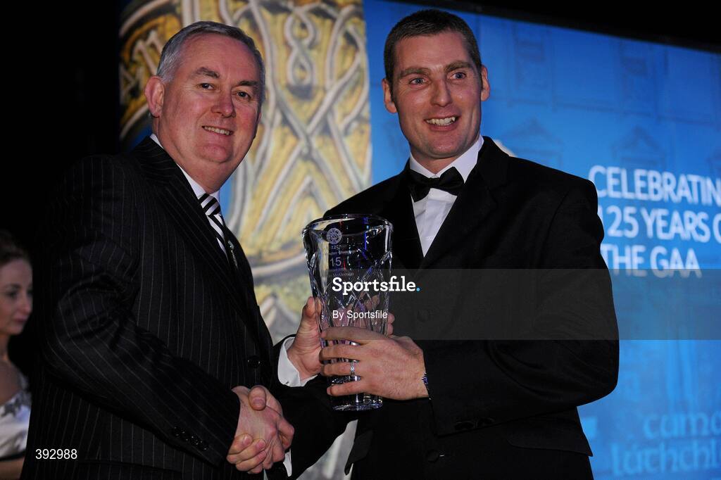 19 December 2009; Brian McAleenan, South Down, is presented with his Lory Meagher Champion 15 Award by Uachtarán CLG Criostóir Ó Cuana. Christy Ring/Nicky Rackard/Lory Meagher Champion 15 & Rounder All-Star Awards 2009, Croke Park, Dublin. Photo by Sportsfile