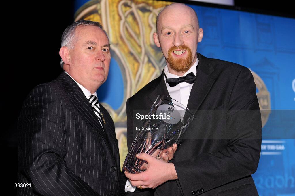 19 December 2009; James Doyle, Armagh is presented with his Handball All-Star Award 2009 by Uachtarán CLG Criostóir Ó Cuana. Christy Ring/Nicky Rackard/Lory Meagher Champion 15 & Rounder All-Star Awards 2009, Croke Park, Dublin. Photo by Sportsfile
