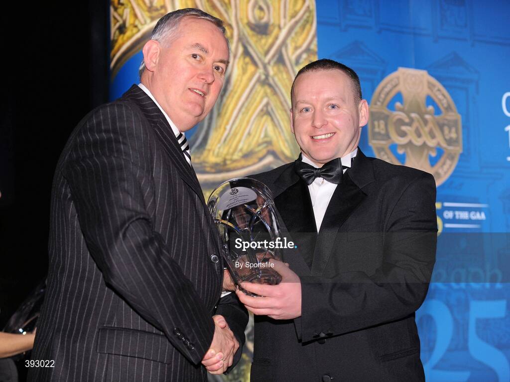 19 December 2009; Michael Finnegan, Cavan, is presented with his Handball All-Star Award 2009 by Uachtarán CLG Criostóir Ó Cuana. Christy Ring/Nicky Rackard/Lory Meagher Champion 15 & Rounder All-Star Awards 2009, Croke Park, Dublin. Photo by Sportsfile