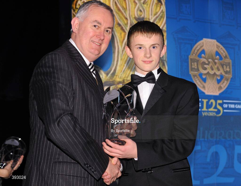 19 December 2009; Ciaran Malone, Clare, is presented with his Handball All-Star Award 2009 by Uachtarán CLG Criostóir Ó Cuana. Christy Ring/Nicky Rackard/Lory Meagher Champion 15 & Rounder All-Star Awards 2009, Croke Park, Dublin. Photo by Sportsfile