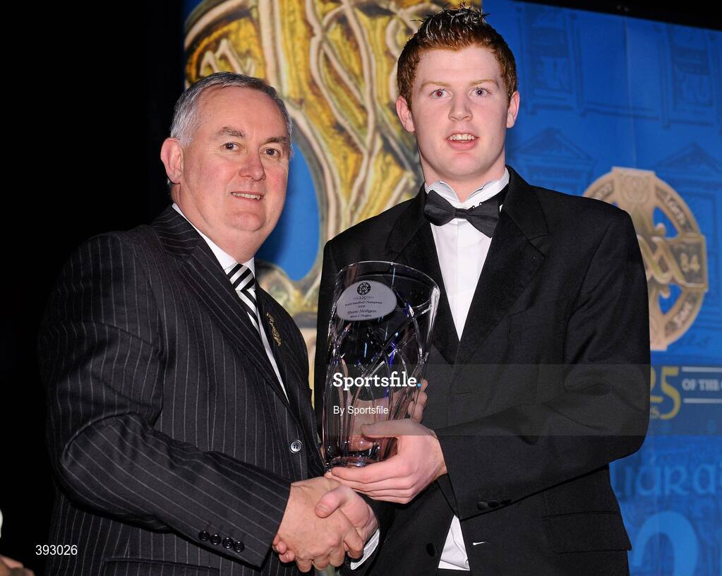 19 December 2009; Shane Heddigan, Cork, is presented with his Handball All-Star Award 2009 by Uachtarán CLG Criostóir Ó Cuana. Christy Ring/Nicky Rackard/Lory Meagher Champion 15 & Rounder All-Star Awards 2009, Croke Park, Dublin. Photo by Sportsfile