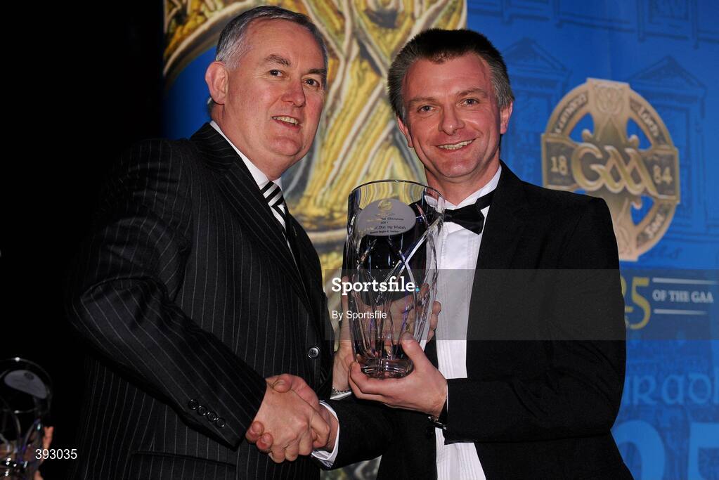19 December 2009; Michael Ducksy Walsh, Kilkenny is presented with his Handball All-Star Award 2009 by Uachtarán CLG Criostóir Ó Cuana. Christy Ring/Nicky Rackard/Lory Meagher Champion 15 & Rounder All-Star Awards 2009, Croke Park, Dublin. Photo by Sportsfile