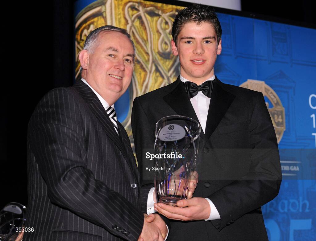 19 December 2009; Donal Wrynn, Leitrim, is presented with his Handball All-Star Award 2009 by Uachtarán CLG Criostóir Ó Cuana. Christy Ring/Nicky Rackard/Lory Meagher Champion 15 & Rounder All-Star Awards 2009, Croke Park, Dublin. Photo by Sportsfile