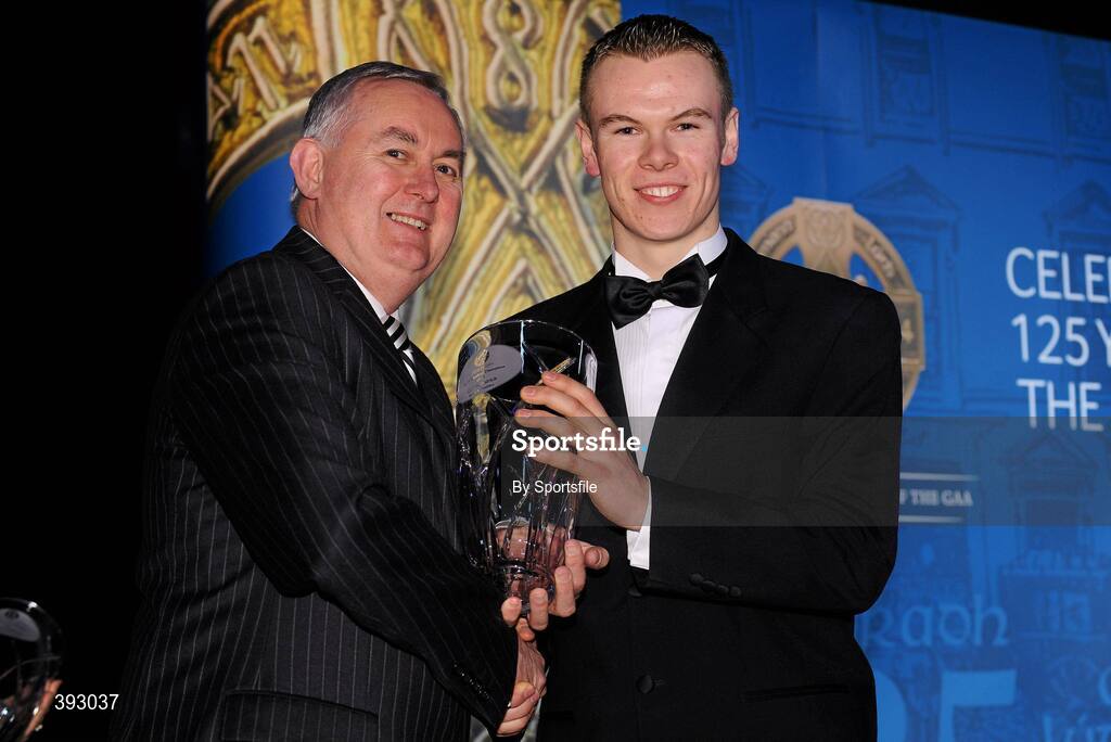 19 December 2009; CJ Fitzpatrick, Limerick, is presented with his Handball All-Star Award 2009 by Uachtarán CLG Criostóir Ó Cuana. Christy Ring/Nicky Rackard/Lory Meagher Champion 15 & Rounder All-Star Awards 2009, Croke Park, Dublin. Photo by Sportsfile