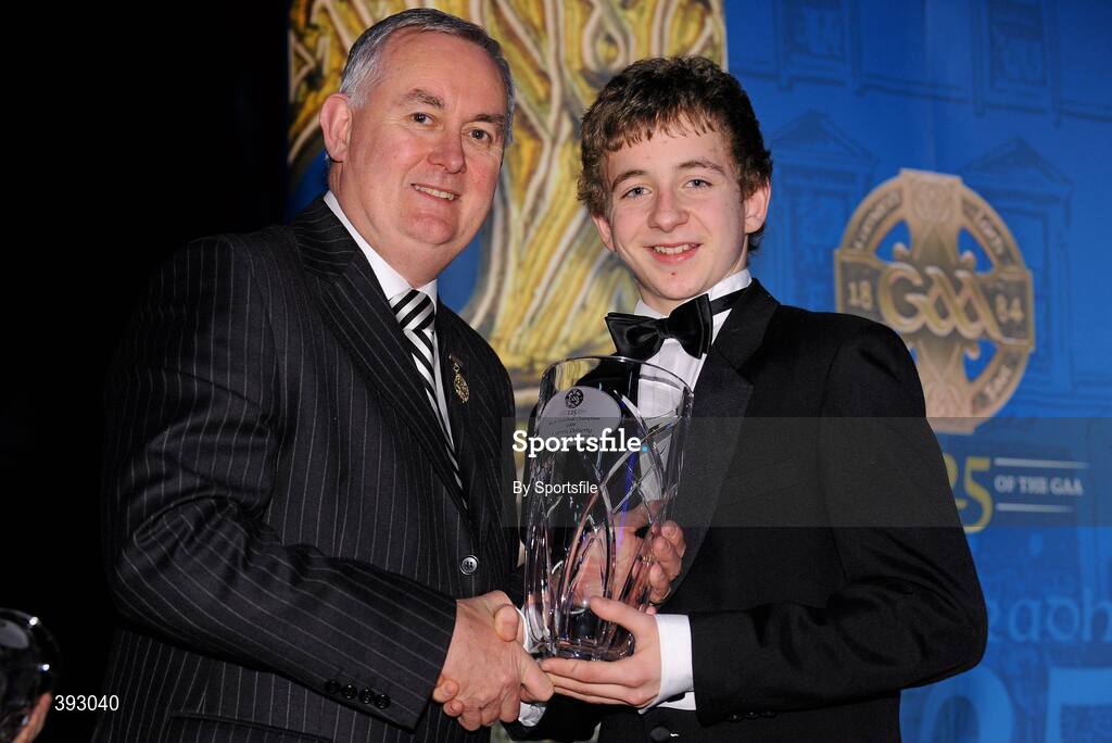 19 December 2009; Darren Doherty, Monaghan, is presented with his Handball All-Star Award 2009 by Uachtarán CLG Criostóir Ó Cuana. Christy Ring/Nicky Rackard/Lory Meagher Champion 15 & Rounder All-Star Awards 2009, Croke Park, Dublin. Photo by Sportsfile