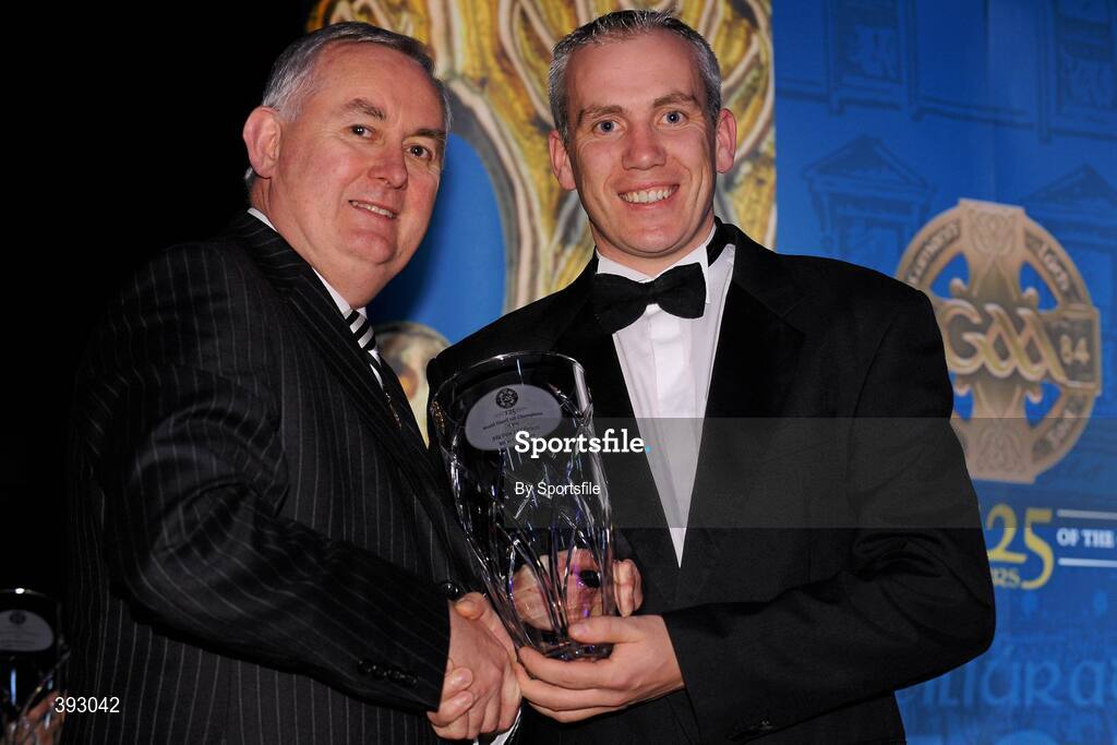 19 December 2009; Michael O'Brien, Offaly, is presented with his Handball All-Star Award 2009 by Uachtarán CLG Criostóir Ó Cuana. Christy Ring/Nicky Rackard/Lory Meagher Champion 15 & Rounder All-Star Awards 2009, Croke Park, Dublin. Photo by Sportsfile