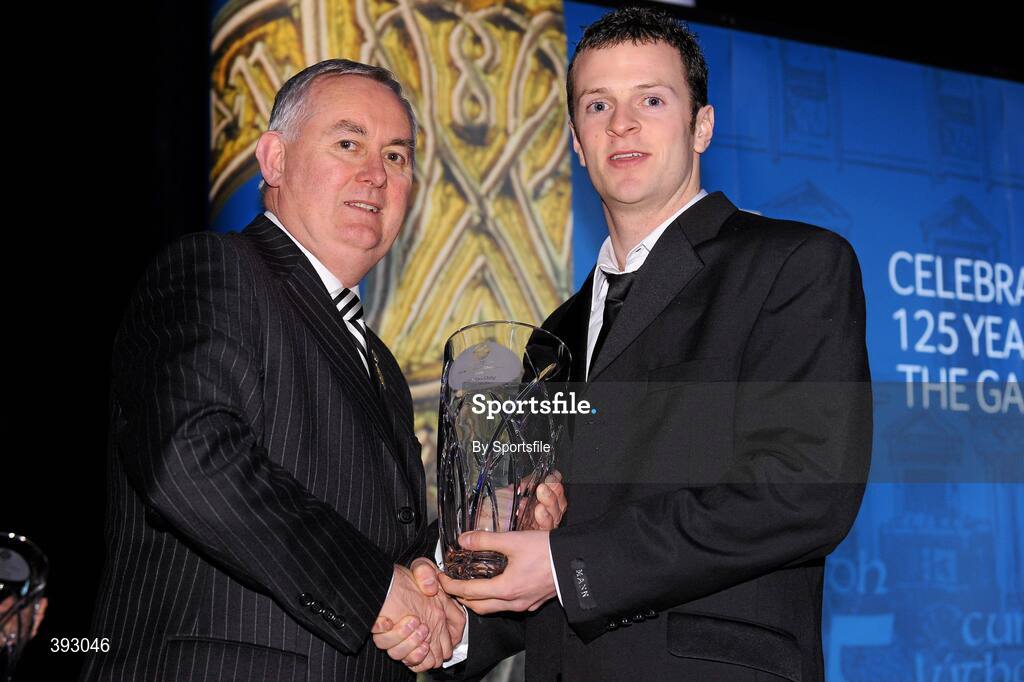 19 December 2009; Darragh Daly, Tyrone, is presented with his Handball All-Star Award 2009 by Uachtarán CLG Criostóir Ó Cuana. Christy Ring/Nicky Rackard/Lory Meagher Champion 15 & Rounder All-Star Awards 2009, Croke Park, Dublin. Photo by Sportsfile