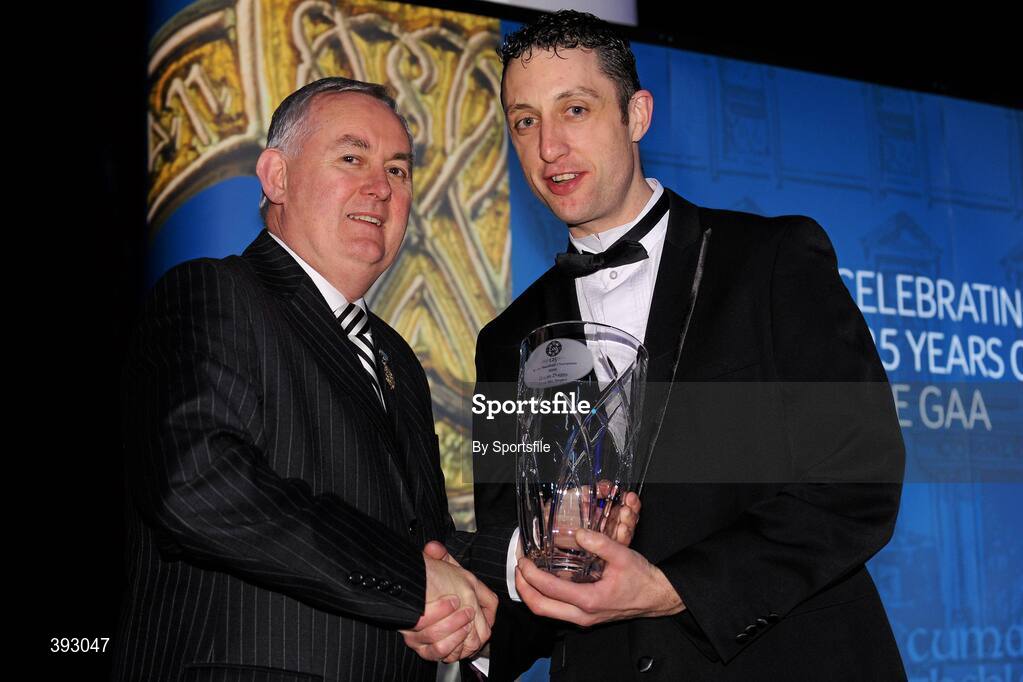 19 December 2009; Gavin Buggy, Wexford, is presented with his Handball All-Star Award 2009 by Uachtarán CLG Criostóir Ó Cuana. Christy Ring/Nicky Rackard/Lory Meagher Champion 15 & Rounder All-Star Awards 2009, Croke Park, Dublin. Photo by Sportsfile
