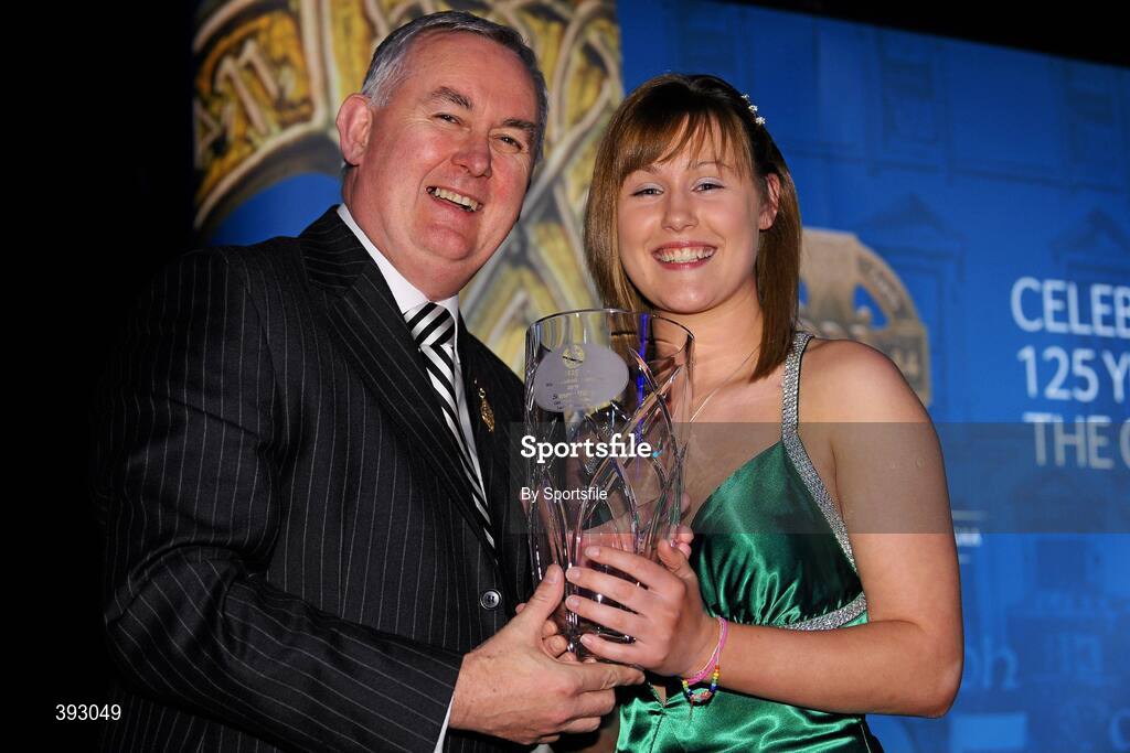 19 December 2009; Shauna Hilley, Wicklow, is presented with her Handball All-Star Award 2009 by Uachtarán CLG Criostóir Ó Cuana. Christy Ring/Nicky Rackard/Lory Meagher Champion 15 & Rounder All-Star Awards 2009, Croke Park, Dublin. Photo by Sportsfile