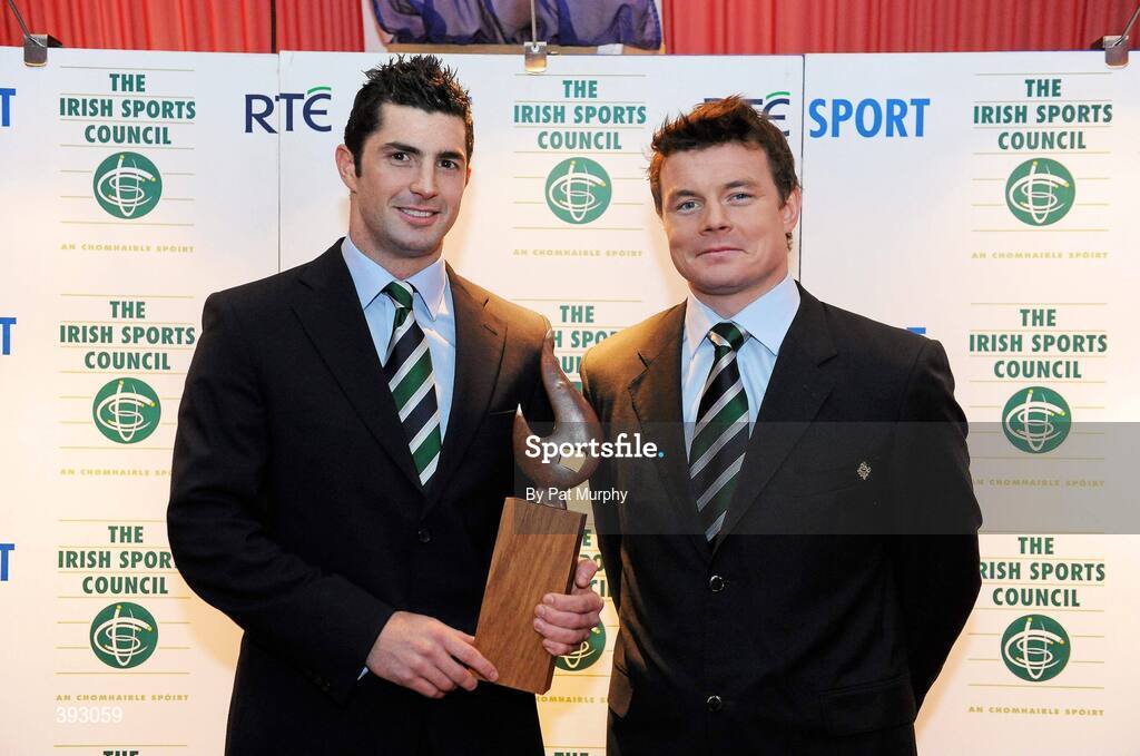20 December 2009; Members of the Ireland Rugby team Rob Kearney, left, and Brian O'Driscoll, right, with the Team of the Year Award at the RTÉ Sports Awards. RTÉ Sports Awards 2009 in association with the Irish Sports Council, RTÉ Television, Donnybrook, Dublin 4. Picture credit: Pat Murphy / SPORTSFILE