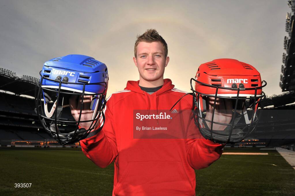 7 January 2010; MARC Sports has just announced the launch of a novel “Scrappage Scheme” for Hurling Helmets, due to be rolled out nationwide over the coming weeks. Details of the scheme were outlined at a press conference in GAA Headquarters, Croke Park, where the company also unveiled current All-Star, Joe Canning, as its newest brand ambassador. In addition, MARC Sports' chosen children's charity, Make-A-Wish, Ireland, will receive a donation for every Helmet that is scrapped. At the announcement is Galway hurling star and MARC Sports brand ambassador Joe Canning. Croke Park, Dublin. Picture credit: Brian Lawless / SPORTSFILE