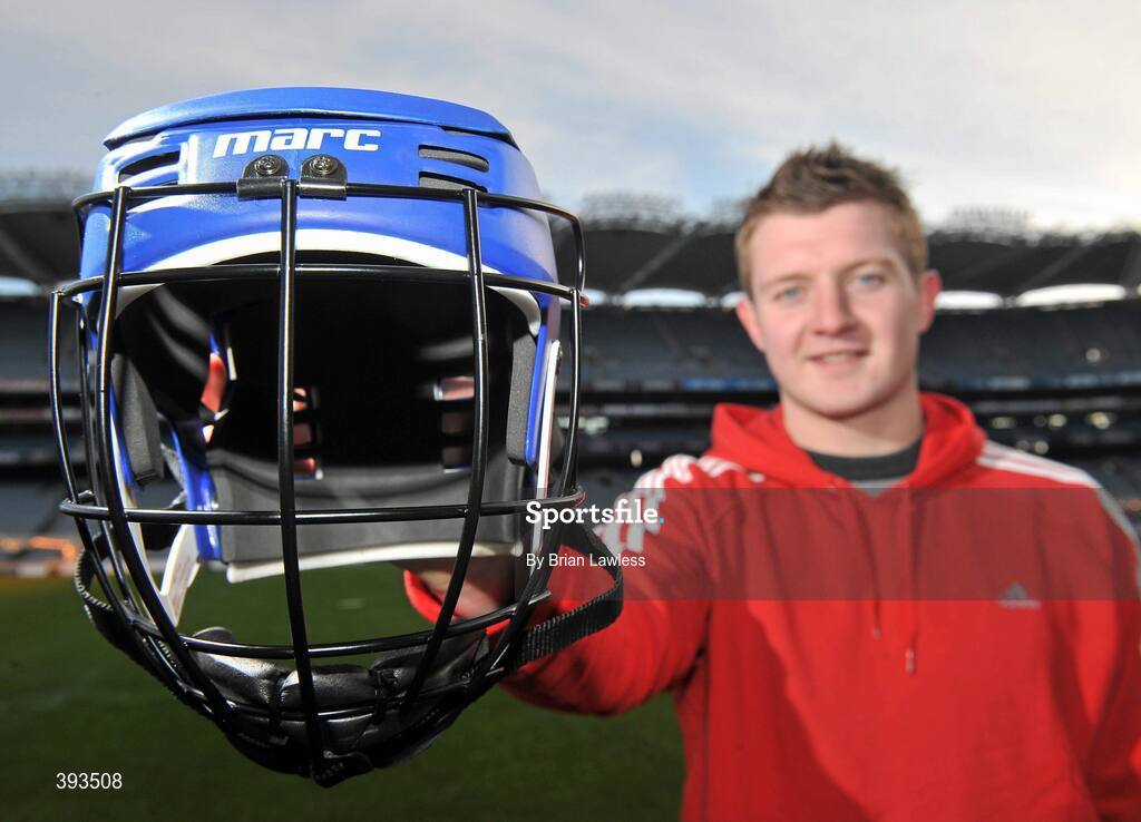 7 January 2010; MARC Sports has just announced the launch of a novel “Scrappage Scheme” for Hurling Helmets, due to be rolled out nationwide over the coming weeks. Details of the scheme were outlined at a press conference in GAA Headquarters, Croke Park, where the company also unveiled current All-Star, Joe Canning, as its newest brand ambassador. In addition, MARC Sports' chosen children's charity, Make-A-Wish, Ireland, will receive a donation for every Helmet that is scrapped. At the announcement is Galway hurling star and MARC Sports brand ambassador Joe Canning. Croke Park, Dublin. Picture credit: Brian Lawless / SPORTSFILE