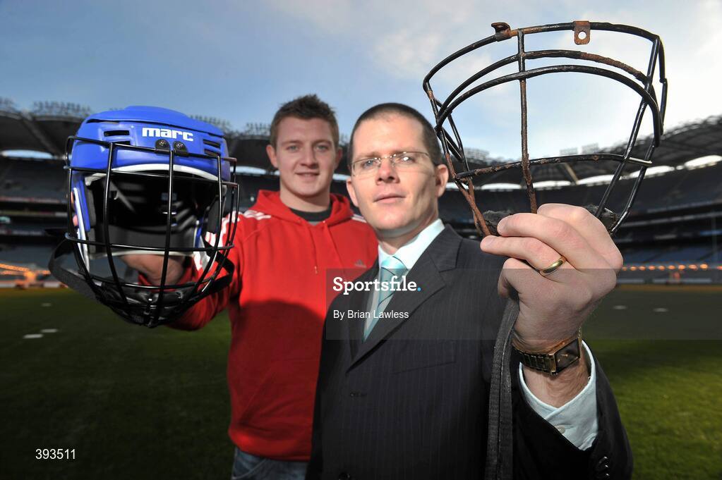 7 January 2010; MARC Sports has just announced the launch of a novel “Scrappage Scheme” for Hurling Helmets, due to be rolled out nationwide over the coming weeks. Details of the scheme were outlined at a press conference in GAA Headquarters, Croke Park, where the company also unveiled current All-Star, Joe Canning as its newest brand ambassador. In addition, Marc Sports' chosen children's charity, Make-A-Wish, Ireland, will receive a donation for every Helmet that is scrapped. At the announcement is Marc Sports founder Mark Ganly, displaying a sample scrapped face guard, with Galway hurling star and Marc Sports brand ambassador Joe Canning, displaying a new helmet. Croke Park, Dublin. Picture credit: Brian Lawless / SPORTSFILE