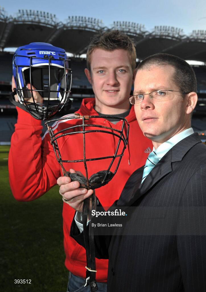 7 January 2010; MARC Sports has just announced the launch of a novel “Scrappage Scheme” for Hurling Helmets, due to be rolled out nationwide over the coming weeks. Details of the scheme were outlined at a press conference in GAA Headquarters, Croke Park, where the company also unveiled current All-Star, Joe Canning as its newest brand ambassador. In addition, Marc Sports' chosen children's charity, Make-A-Wish, Ireland, will receive a donation for every Helmet that is scrapped. At the announcement is Marc Sports founder Mark Ganly, displaying a sample scrapped face guard, with Galway hurling star and Marc Sports brand ambassador Joe Canning, displaying a new helmet. Croke Park, Dublin. Picture credit: Brian Lawless / SPORTSFILE