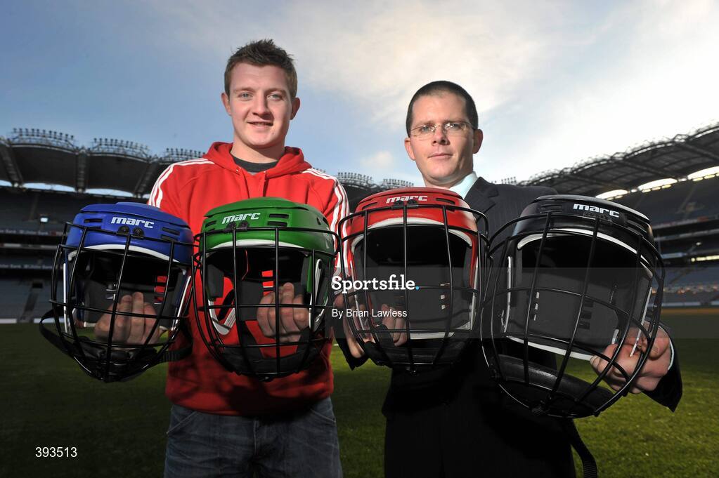 7 January 2010; MARC Sports has just announced the launch of a novel “Scrappage Scheme” for Hurling Helmets, due to be rolled out nationwide over the coming weeks. Details of the scheme were outlined at a press conference in GAA Headquarters, Croke Park, where the company also unveiled current All-Star, Joe Canning as its newest brand ambassador. In addition, Marc Sports' chosen children's charity, Make-A-Wish, Ireland, will receive a donation for every Helmet that is scrapped. At the announcement is Marc Sports founder Mark Ganly, displaying a sample scrapped face guard, with Galway hurling star and Marc Sports brand ambassador Joe Canning, displaying a new helmet. Croke Park, Dublin. Picture credit: Brian Lawless / SPORTSFILE