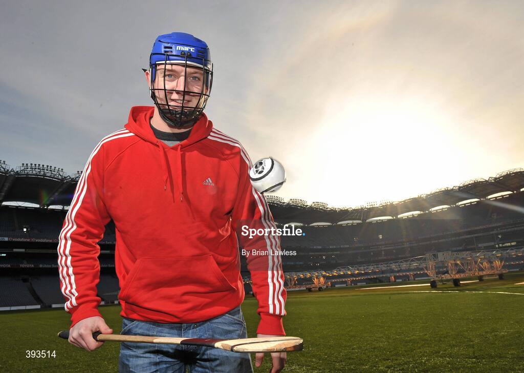 7 January 2010; MARC Sports has just announced the launch of a novel “Scrappage Scheme” for Hurling Helmets, due to be rolled out nationwide over the coming weeks. Details of the scheme were outlined at a press conference in GAA Headquarters, Croke Park, where the company also unveiled current All-Star, Joe Canning, as its newest brand ambassador. In addition, MARC Sports' chosen children's charity, Make-A-Wish, Ireland, will receive a donation for every Helmet that is scrapped. At the announcement is Galway hurling star and MARC Sports brand ambassador Joe Canning. Croke Park, Dublin. Picture credit: Brian Lawless / SPORTSFILE
