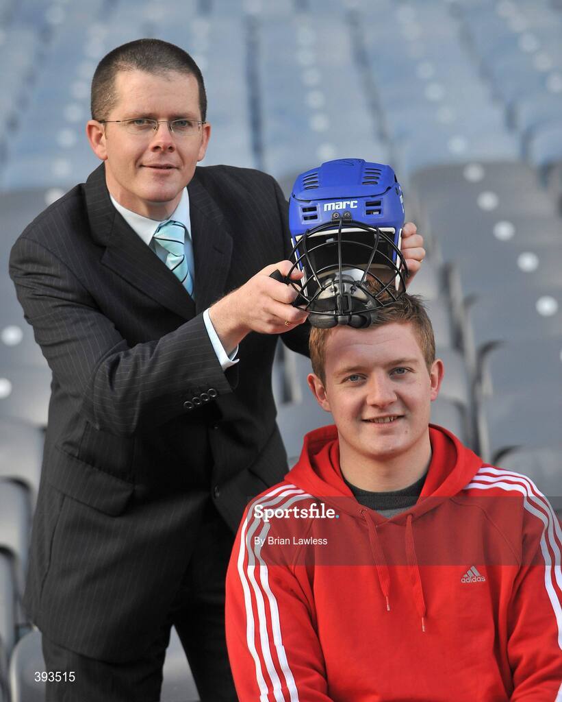 7 January 2010; MARC Sports has just announced the launch of a novel “Scrappage Scheme” for Hurling Helmets, due to be rolled out nationwide over the coming weeks. Details of the scheme were outlined at a press conference in GAA Headquarters, Croke Park, where the company also unveiled current All-Star, Joe Canning as its newest brand ambassador. In addition, Marc Sports' chosen children's charity, Make-A-Wish, Ireland, will receive a donation for every Helmet that is scrapped. At the announcement is Marc Sports founder Mark Ganly, displaying a sample scrapped face guard, with Galway hurling star and Marc Sports brand ambassador Joe Canning, displaying a new helmet. Croke Park, Dublin. Picture credit: Brian Lawless / SPORTSFILE