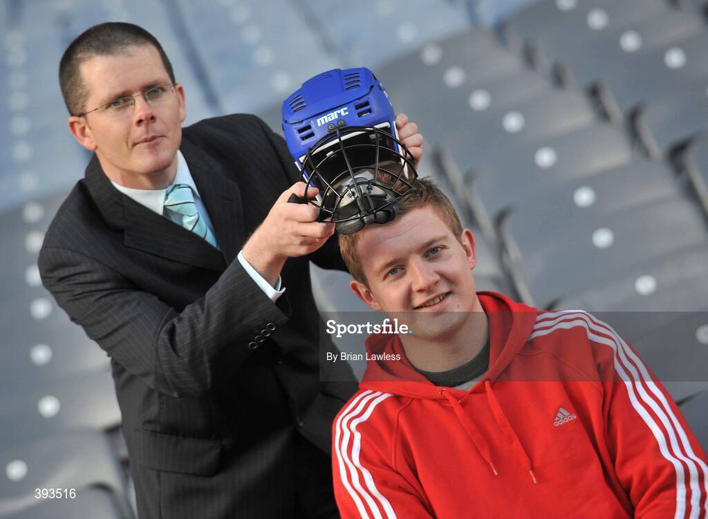 7 January 2010; MARC Sports has just announced the launch of a novel “Scrappage Scheme” for Hurling Helmets, due to be rolled out nationwide over the coming weeks. Details of the scheme were outlined at a press conference in GAA Headquarters, Croke Park, where the company also unveiled current All-Star, Joe Canning as its newest brand ambassador. In addition, Marc Sports' chosen children's charity, Make-A-Wish, Ireland, will receive a donation for every Helmet that is scrapped. At the announcement is Marc Sports founder Mark Ganly, displaying a sample scrapped face guard, with Galway hurling star and Marc Sports brand ambassador Joe Canning, displaying a new helmet. Croke Park, Dublin. Picture credit: Brian Lawless / SPORTSFILE