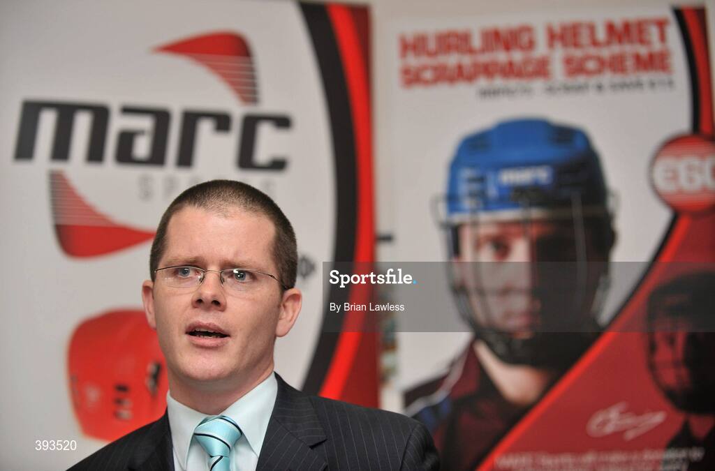 7 January 2010; MARC Sports has just announced the launch of a novel “Scrappage Scheme” for Hurling Helmets, due to be rolled out nationwide over the coming weeks. Details of the scheme were outlined at a press conference in GAA Headquarters, Croke Park, where the company also unveiled current All-Star, Joe Canning as its newest brand ambassador. In addition, MARC Sports' chosen children's charity, Make-A-Wish, Ireland, will receive a donation for every Helmet that is scrapped. Speaking at the press conference is Mark Ganly, founder of MARC Sports. Croke Park, Dublin. Picture credit: Brian Lawless / SPORTSFILE