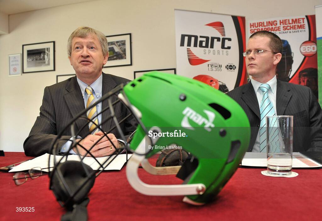 7 January 2010; MARC Sports has just announced the launch of a novel “Scrappage Scheme” for Hurling Helmets, due to be rolled out nationwide over the coming weeks. Details of the scheme were outlined at a press conference in GAA Headquarters, Croke Park, where the company also unveiled current All-Star, Joe Canning as its newest brand ambassador. In addition, MARC Sports' chosen children's charity, Make-A-Wish, Ireland, will receive a donation for every Helmet that is scrapped. Speaking at the press conference is Ard Stiúrthoir Lúthchleas Gael Paraic Duffy with Mark Ganly, founder of MARC Sports. Croke Park, Dublin. Picture credit: Brian Lawless / SPORTSFILE