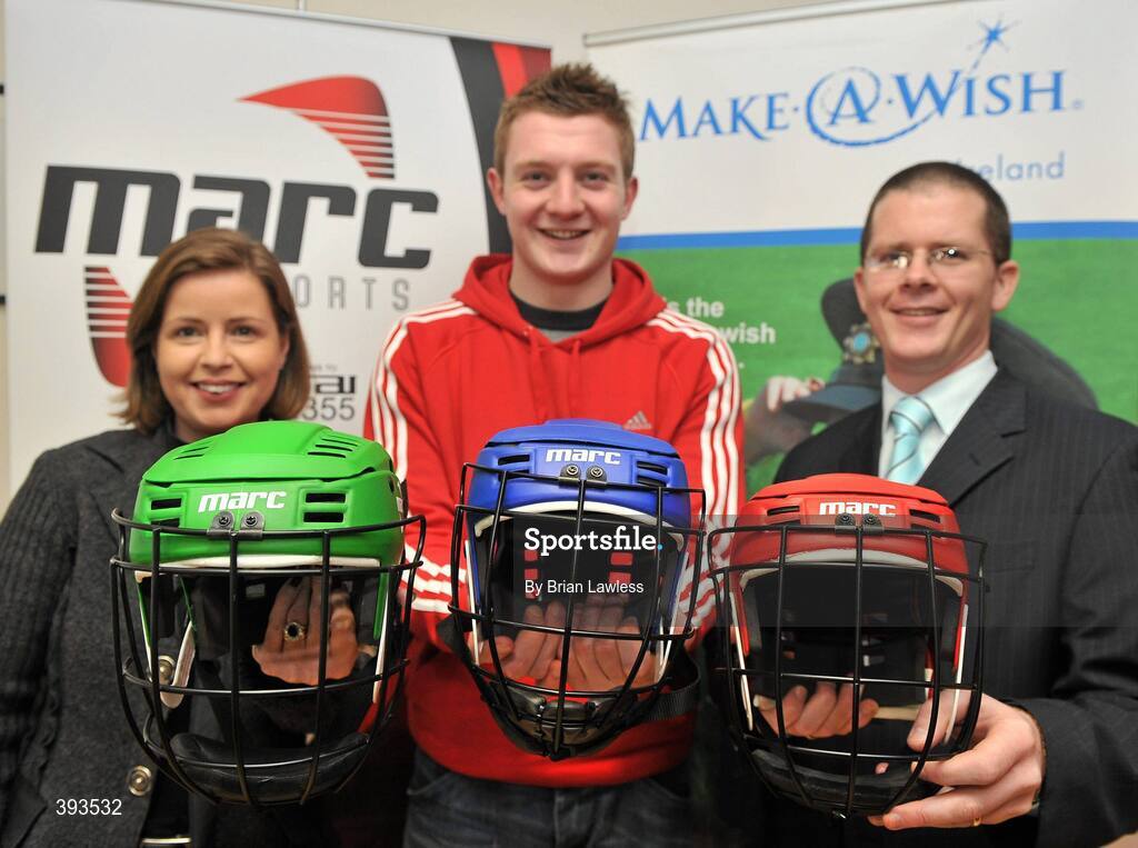 7 January 2010; MARC Sports has just announced the launch of a novel “Scrappage Scheme” for Hurling Helmets, due to be rolled out nationwide over the coming weeks. Details of the scheme were outlined at a press conference in GAA Headquarters, Croke Park, where the company also unveiled current All-Star, Joe Canning as its newest brand ambassador. In addition, MARC Sports' chosen children's charity, Make-A-Wish, Ireland, will receive a donation for every Helmet that is scrapped. At the press conference is Mark Ganly, founder of MARC Sports, right, with Galway hurling star and MARC Sports ambassador Joe Canning and Susan O’Dwyer, CEO Make-A-Wish Ireland. Croke Park, Dublin. Picture credit: Brian Lawless / SPORTSFILE