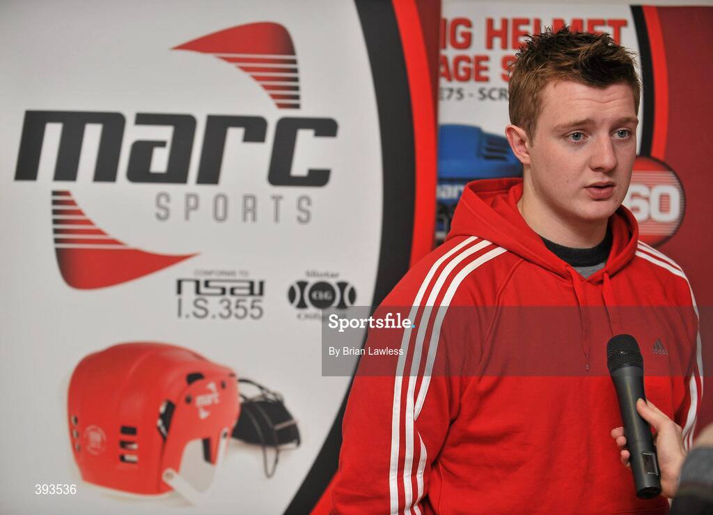 7 January 2010; MARC Sports has just announced the launch of a novel “Scrappage Scheme” for Hurling Helmets, due to be rolled out nationwide over the coming weeks. Details of the scheme were outlined at a press conference in GAA Headquarters, Croke Park, where the company also unveiled current All-Star, Joe Canning as its newest brand ambassador. In addition, MARC Sports' chosen children's charity, Make-A-Wish, Ireland, will receive a donation for every Helmet that is scrapped. At the press conference is Galway hurling star and MARC Sports brand ambassador Joe Canning. Croke Park, Dublin. Picture credit: Brian Lawless / SPORTSFILE