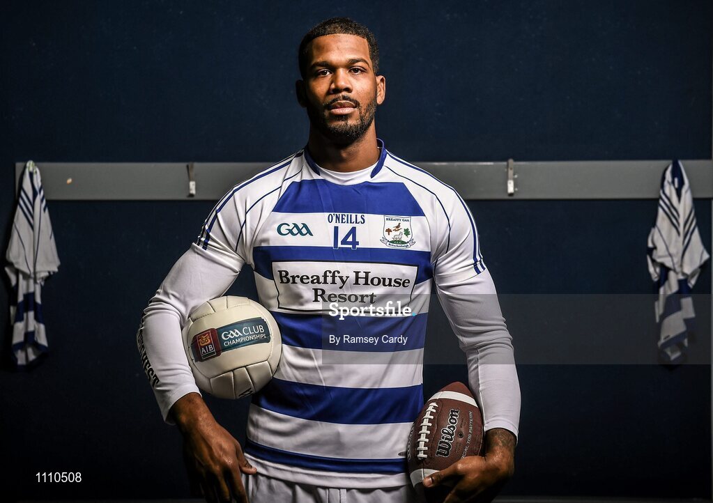 15 February 2016; Ex Miami Dolphin Roberto Wallace is pictured ahead of AIB’s ‘The Toughest Trade’ where the pro athlete will swap American football for Gaelic football. The two-part documentary will air on RTÉ2 in early March in the lead up to the AIB GAA Club Championship Finals on St Patrick’s Day. For exclusive content and to see why AIB are backing Club and County follow us @AIB_GAA and on Facebook at Facebook.com/AIBGAA. Breaffy GAA Club, Castlebar, Mayo. Picture credit: Ramsey Cardy / SPORTSFILE
