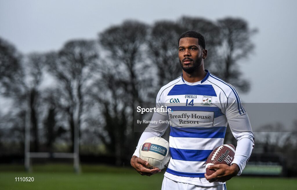 15 February 2016; Ex Miami Dolphin Roberto Wallace is pictured ahead of AIB’s ‘The Toughest Trade’ where the pro athlete will swap American football for Gaelic football. The two-part documentary will air on RTÉ2 in early March in the lead up to the AIB GAA Club Championship Finals on St Patrick’s Day. For exclusive content and to see why AIB are backing Club and County follow us @AIB_GAA and on Facebook at Facebook.com/AIBGAA. Breaffy GAA Club, Castlebar, Mayo. Picture credit: Ramsey Cardy / SPORTSFILE