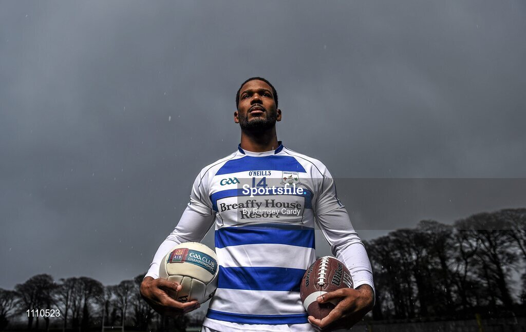 15 February 2016; Ex Miami Dolphin Roberto Wallace is pictured ahead of AIB’s ‘The Toughest Trade’ where the pro athlete will swap American football for Gaelic football. The two-part documentary will air on RTÉ2 in early March in the lead up to the AIB GAA Club Championship Finals on St Patrick’s Day. For exclusive content and to see why AIB are backing Club and County follow us @AIB_GAA and on Facebook at Facebook.com/AIBGAA. Breaffy GAA Club, Castlebar, Mayo. Picture credit: Ramsey Cardy / SPORTSFILE