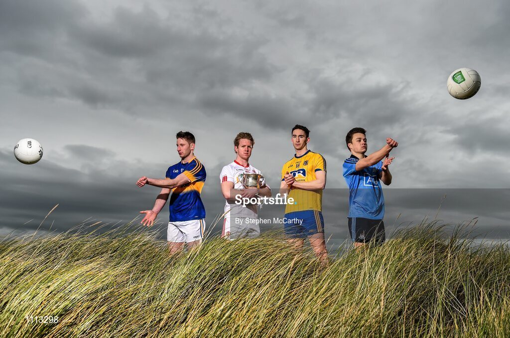 16 February 2016; In attendance at the launch of the 2016 EirGrid GAA Football U21 All-Ireland Championship launch today are U21 footballers, from left, Jimmy Feehan, Tipperary, Frank Burns, Tyrone, Cathal Compton, Roscommon, and Eoin Murchan, Dublin. Dollymount Strand, Dublin. Picture credit: Stephen McCarthy / SPORTSFILE