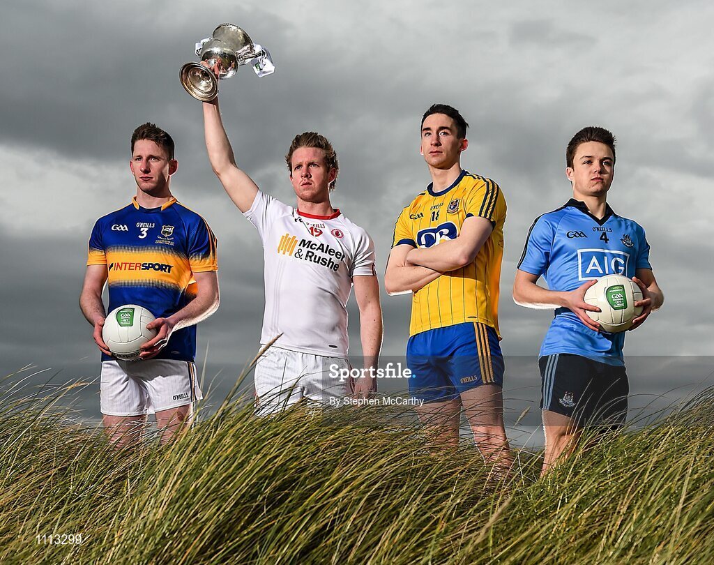 16 February 2016; In attendance at the launch of the 2016 EirGrid GAA Football U21 All-Ireland Championship launch today are U21 footballers, from left, Jimmy Feehan, Tipperary, Frank Burns, Tyrone, Cathal Compton, Roscommon, and Eoin Murchan, Dublin. Dollymount Strand, Dublin. Picture credit: Stephen McCarthy / SPORTSFILE