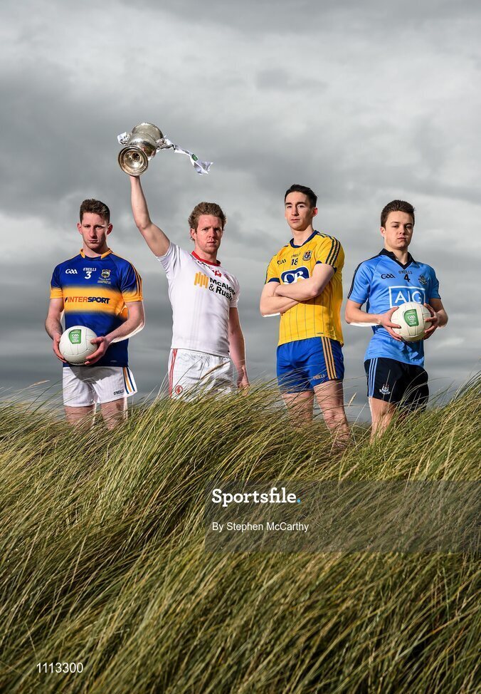 16 February 2016; In attendance at the launch of the 2016 EirGrid GAA Football U21 All-Ireland Championship launch today are U21 footballers, from left, Jimmy Feehan, Tipperary, Frank Burns, Tyrone, Cathal Compton, Roscommon, and Eoin Murchan, Dublin. Dollymount Strand, Dublin. Picture credit: Stephen McCarthy / SPORTSFILE