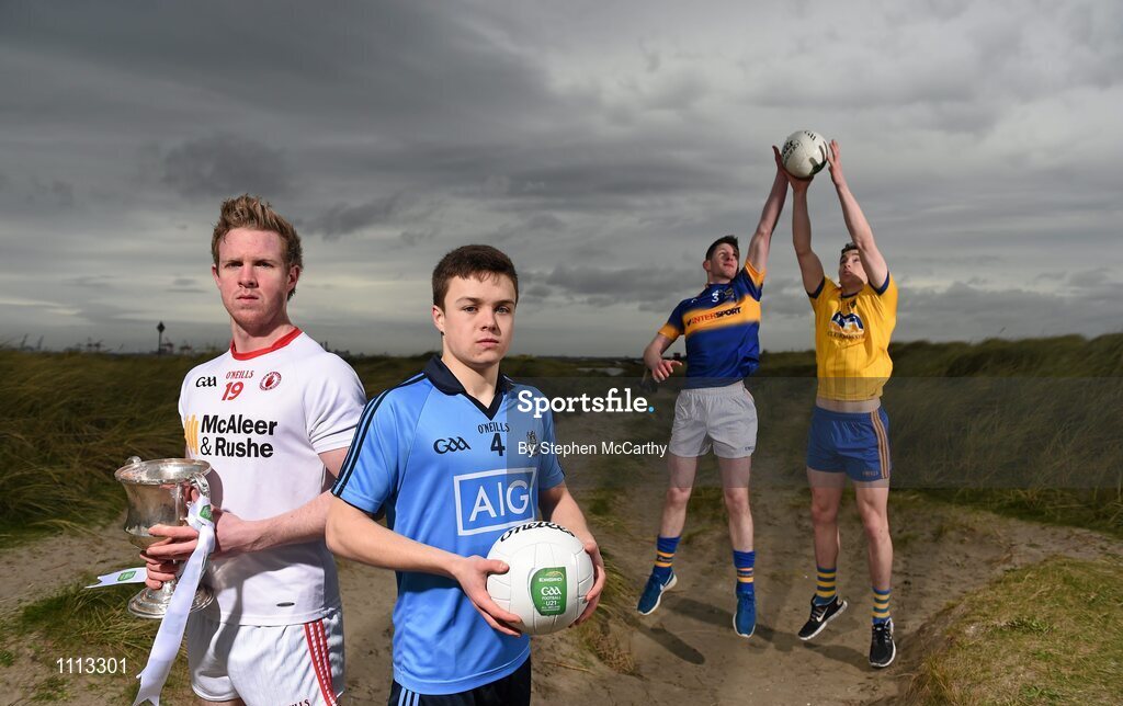 16 February 2016; In attendance at the launch of the 2016 EirGrid GAA Football U21 All-Ireland Championship launch today are U21 footballers, from left, Frank Burns, Tyrone, Eoin Murchan, Dublin, Jimmy Feehan, Tipperary, and Cathal Compton, Roscommon. Dollymount Strand, Dublin. Picture credit: Stephen McCarthy / SPORTSFILE