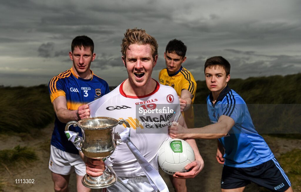 16 February 2016; In attendance at the launch of the 2016 EirGrid GAA Football U21 All-Ireland Championship launch today are U21 footballers, from left, Jimmy Feehan, Tipperary, Frank Burns, Tyrone, Cathal Compton, Roscommon, and Eoin Murchan, Dublin. Dollymount Strand, Dublin. Picture credit: Stephen McCarthy / SPORTSFILE