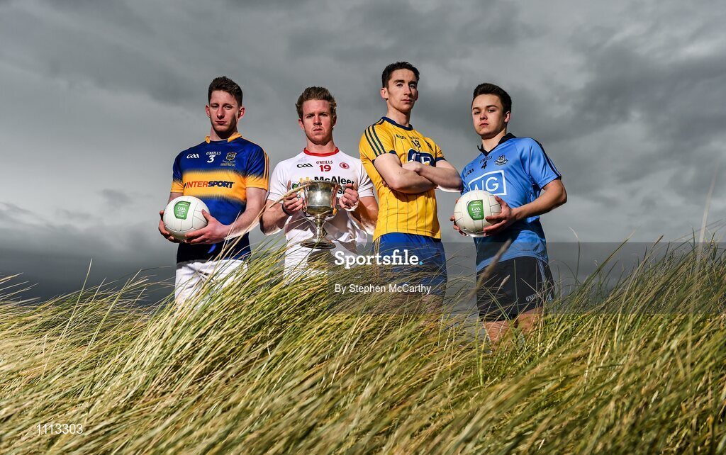 16 February 2016; In attendance at the launch of the 2016 EirGrid GAA Football U21 All-Ireland Championship launch today are U21 footballers, from left, Jimmy Feehan, Tipperary, Frank Burns, Tyrone, Cathal Compton, Roscommon, and Eoin Murchan, Dublin. Dollymount Strand, Dublin. Picture credit: Stephen McCarthy / SPORTSFILE