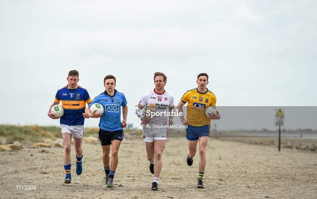 16 February 2016; In attendance at the launch of the 2016 EirGrid GAA Football U21 All-Ireland Championship launch today are U21 footballers, from left, Jimmy Feehan, Tipperary, Eoin Murchan, Dublin, Frank Burns, Tyrone, and Cathal Compton, Roscommon. Dollymount Strand, Dublin. Picture credit: Stephen McCarthy / SPORTSFILE